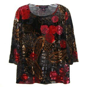 Isabel Hayley Velvet Burnout Floral Paisley 3/4 Sleeve Stretch Knit Top Size PM